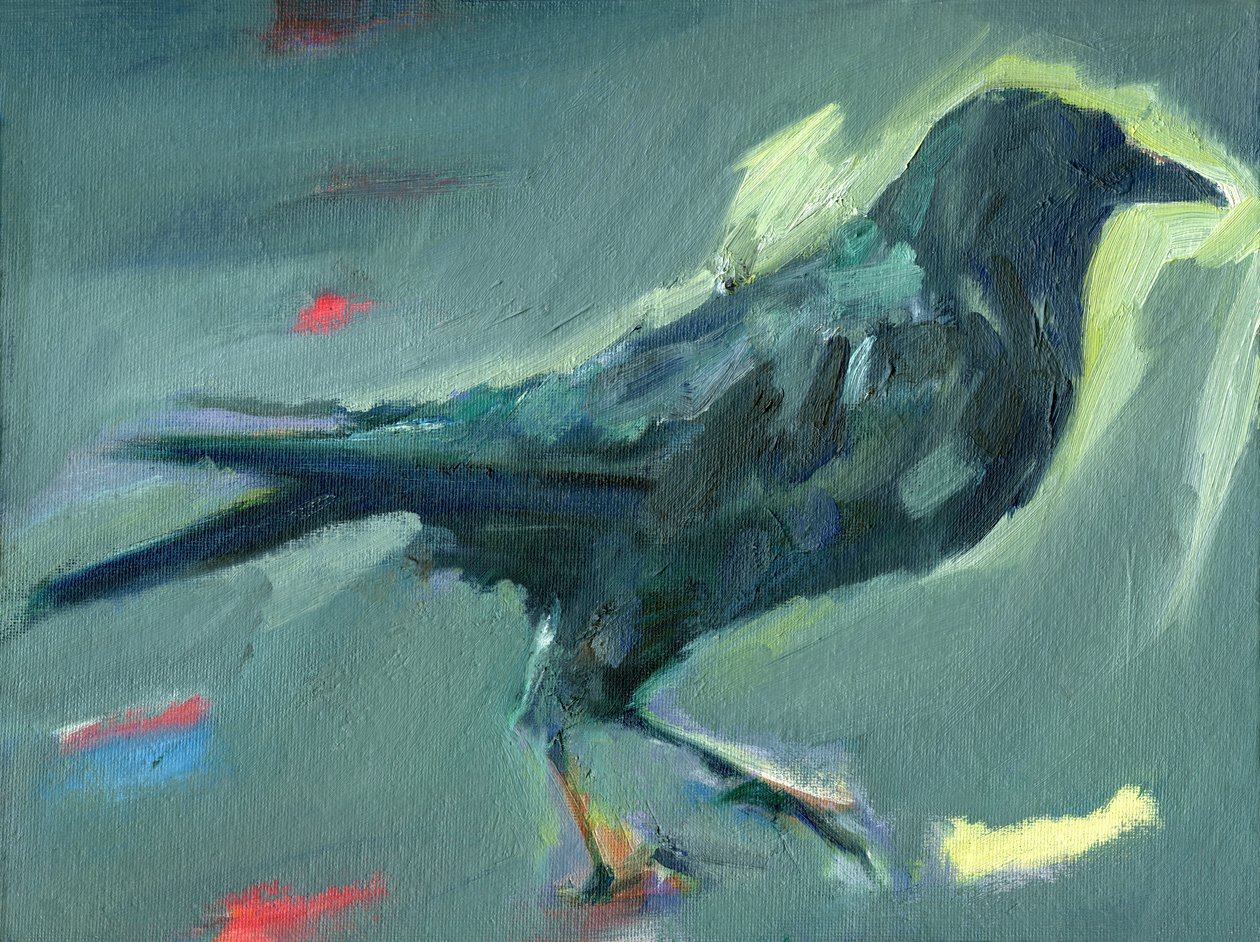 Walking Crow, 2024 (olja på canvasboard) av Shaun Carey
