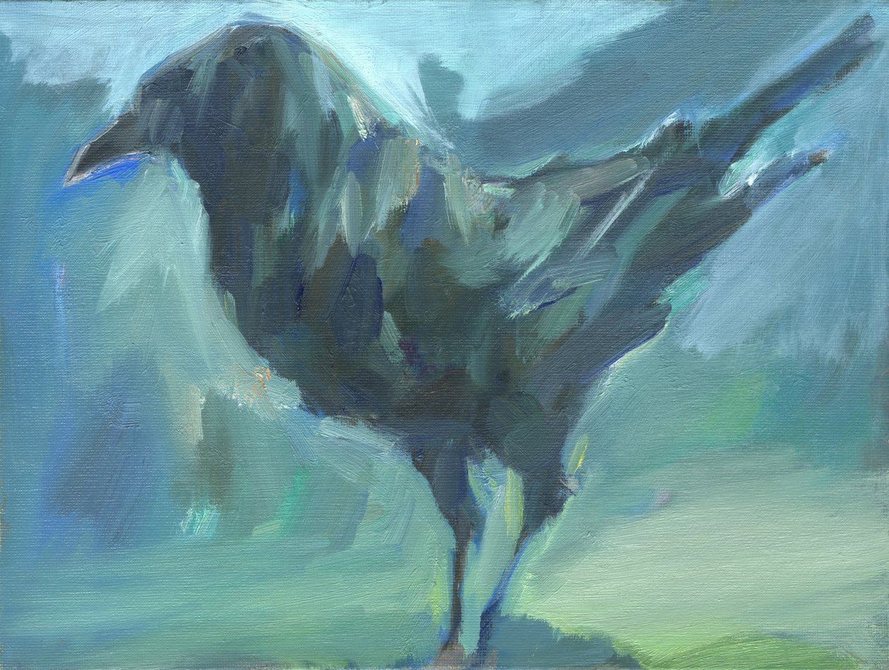 Walking Green Crow, 2024 (olja på duk) av Shaun Carey