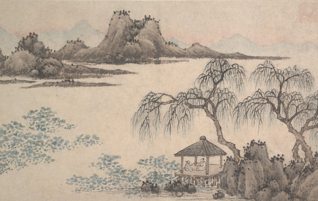 Landskap med paviljong och pilar. av Shen Zhou