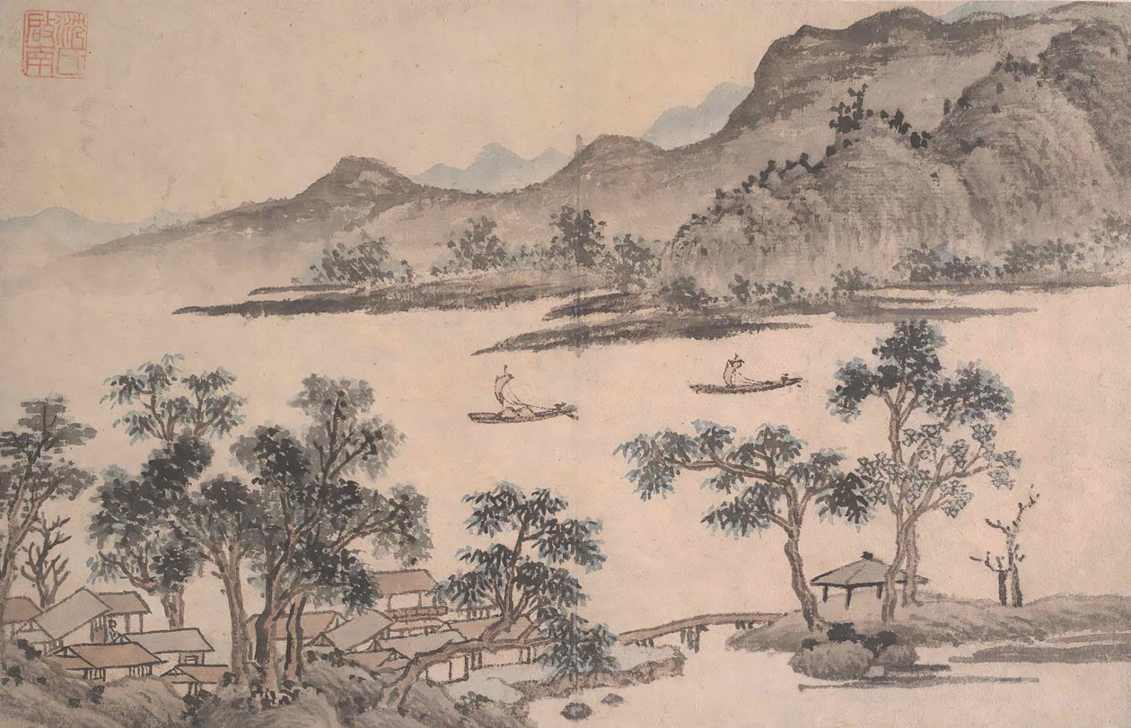 Landskap med segelbåtar. av Shen Zhou