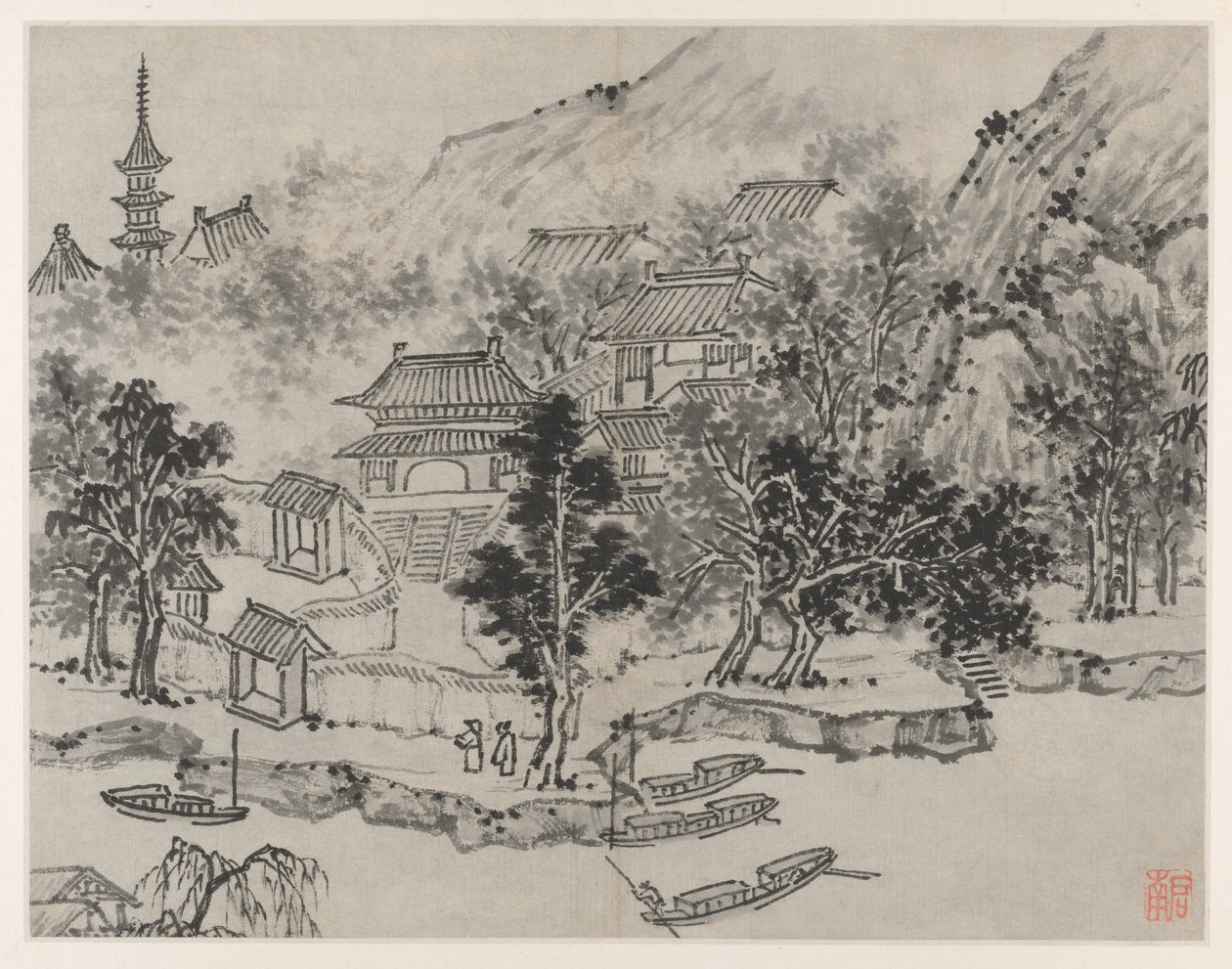 Tolv vyer över Tiger Hill, Suzhou: Avlägsen vy över Tiger Hill från Canal Mooring av Shen Zhou