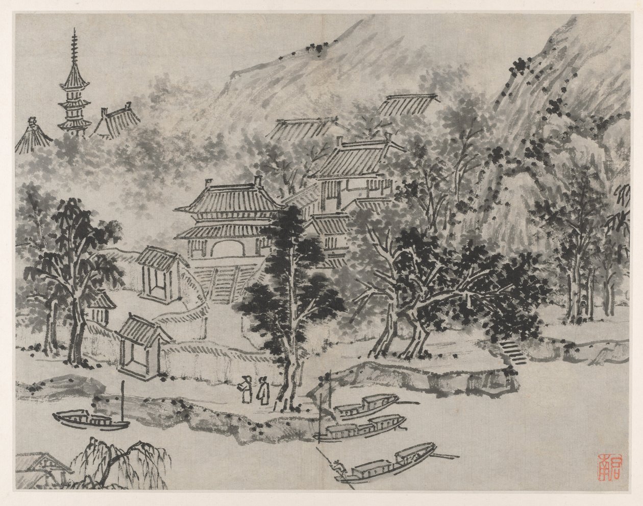 Tolv vyer över Tiger Hill, Suzhou: Avlägsen vy över Tiger Hill från Canal Mooring, efter 1490. av Shen Zhou