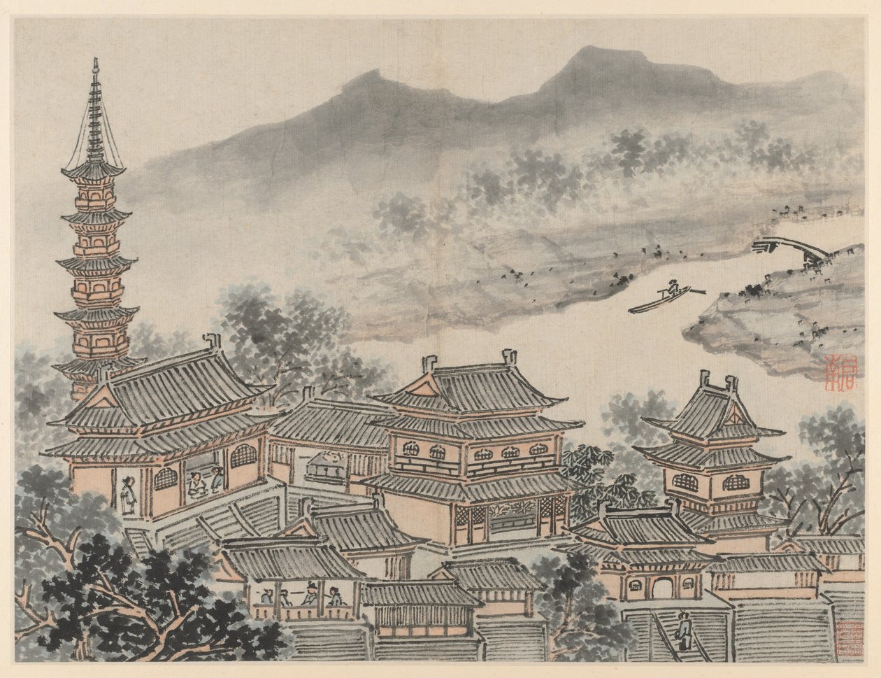 Tolv vyer över Tiger Hill, Suzhou: The Thousand Buddha Hall och Pagoda of the "Cloudy Cliff" Monastery av Shen Zhou