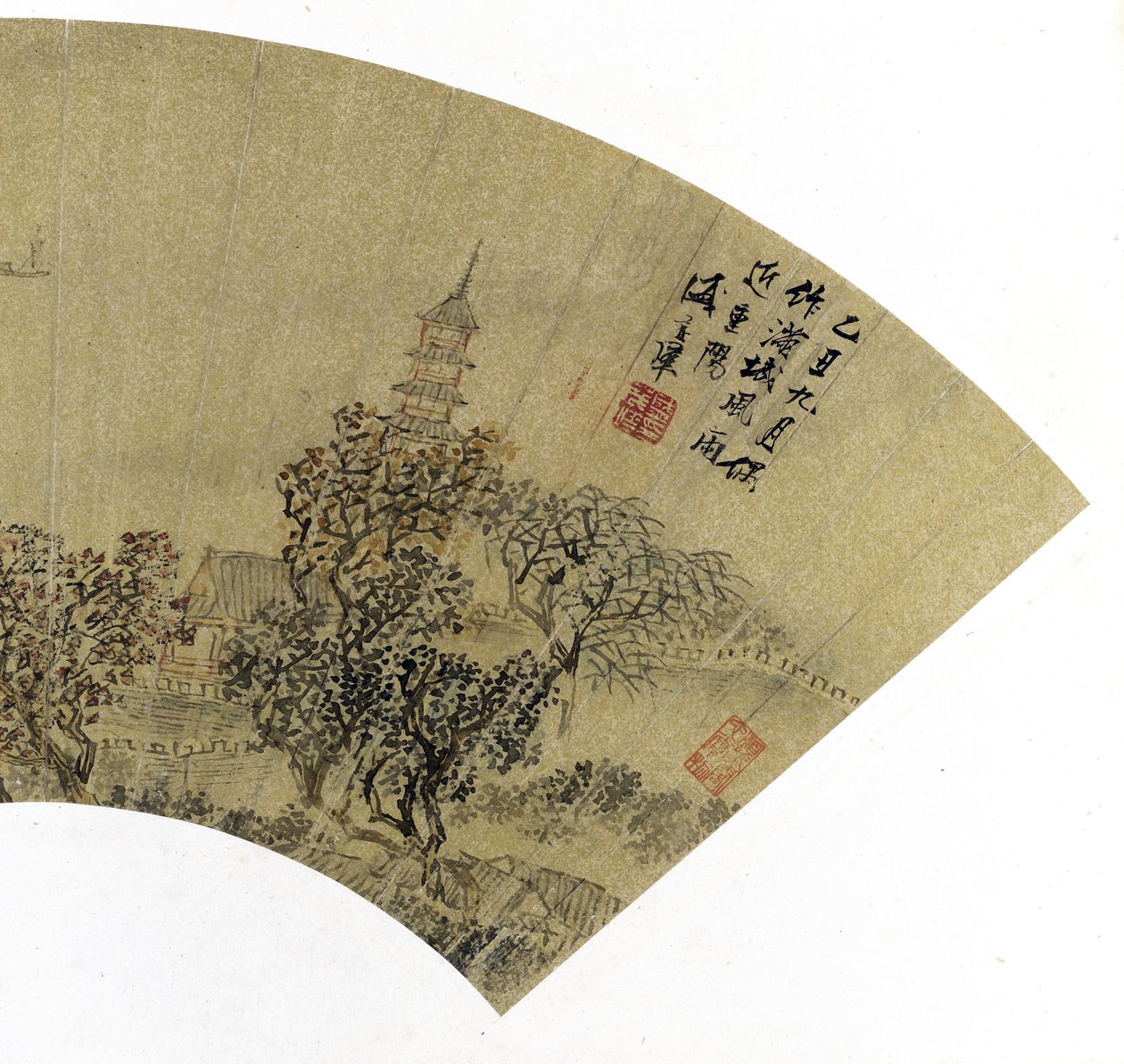 Detalj av landskap med pagod, hus och båtar,1625 (bläck och färger på guldpapper) av Sheng Maoye