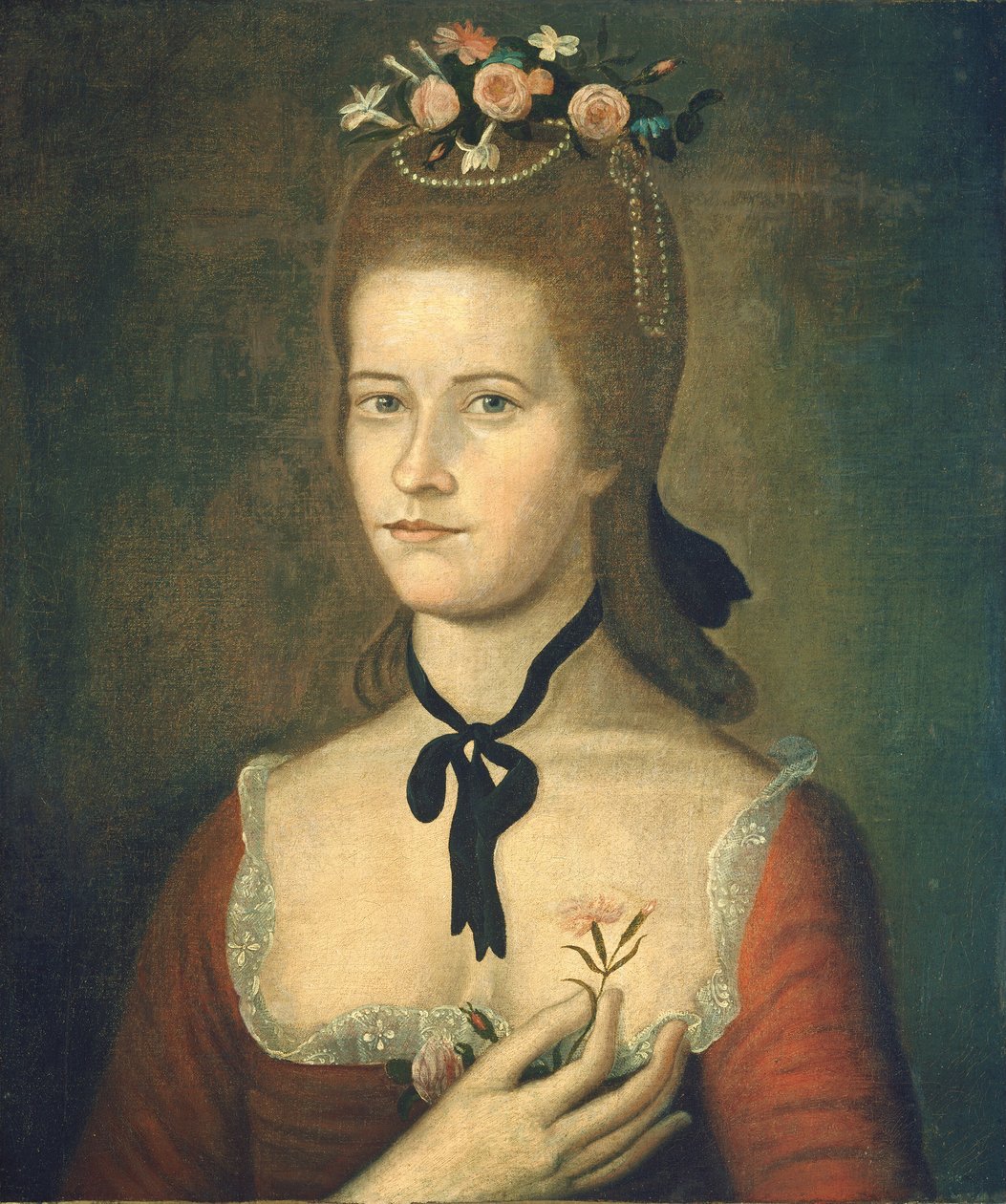 Porträtt av en dam i rött, ca. 17851790. av Sherman Limner
