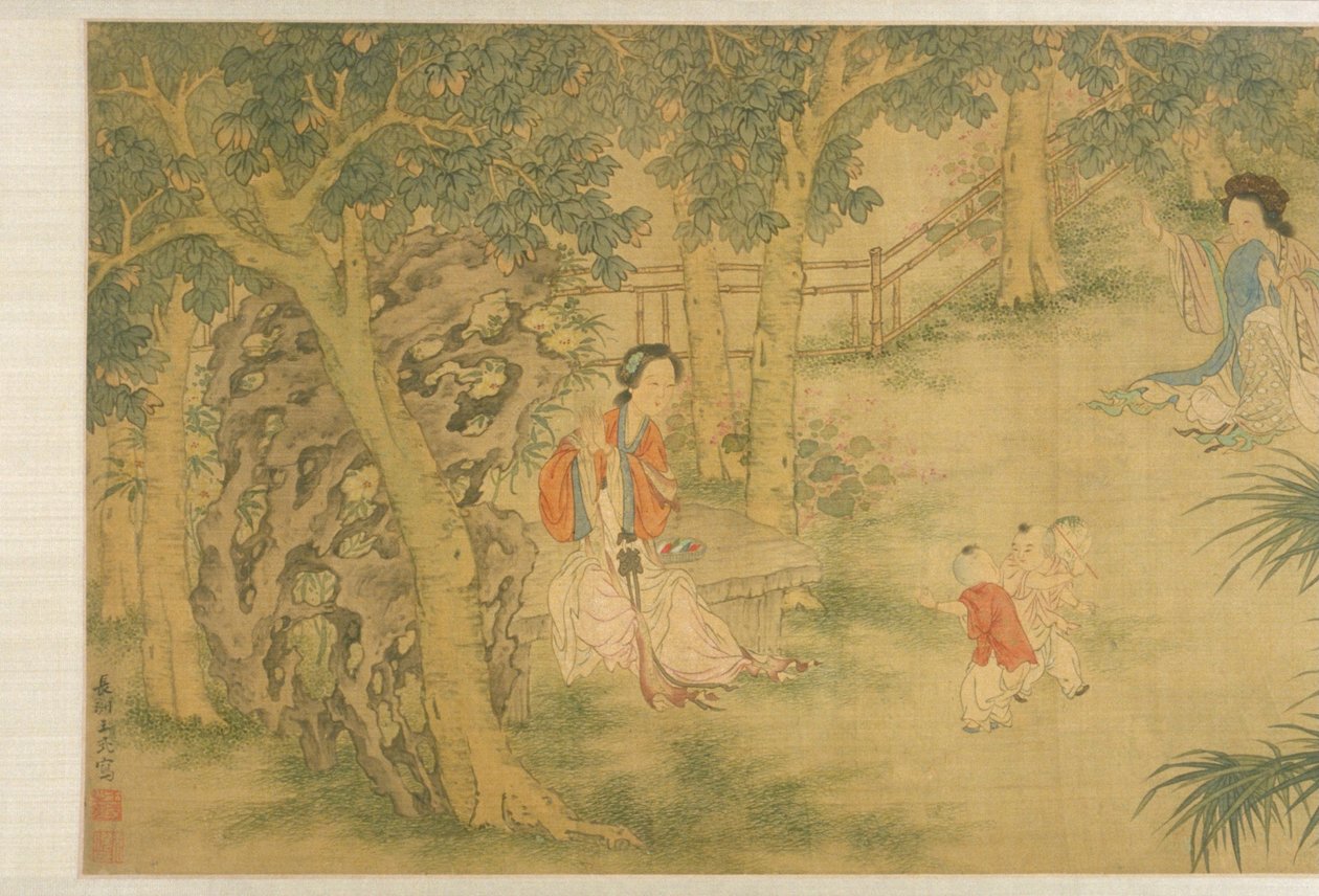 Kvinnor och barn i en trädgård (bläck & färg på siden) av Shi Wang