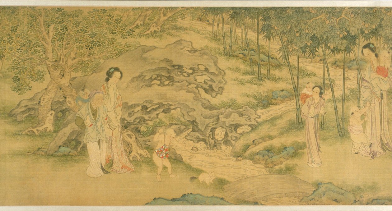 Kvinnor och barn i en trädgård (bläck & färg på siden) av Shi Wang