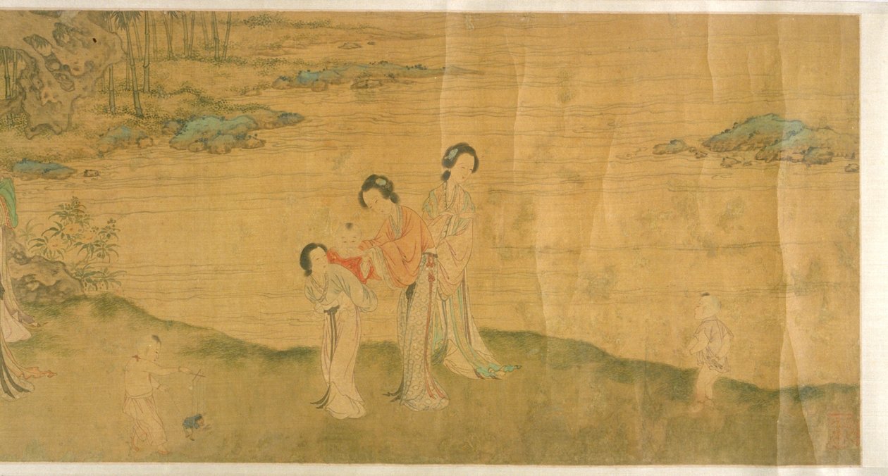 庭の女性と子供たち（シルクにインクと彩色）スウェーデン語 av Shi Wang
