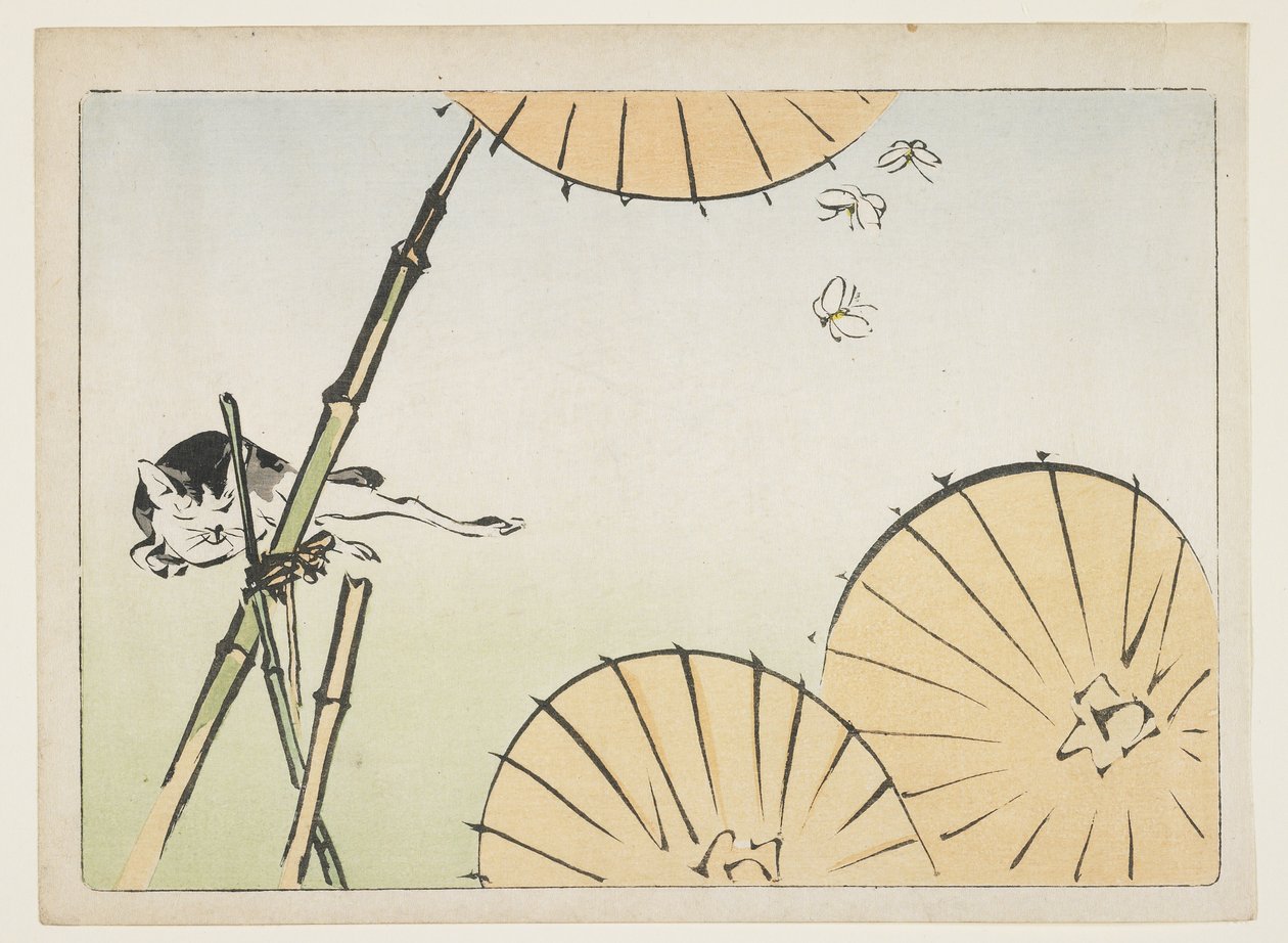(Bambu, paraplyer, en katt och fjärilar), ca 1877 av Shibata Zeshin