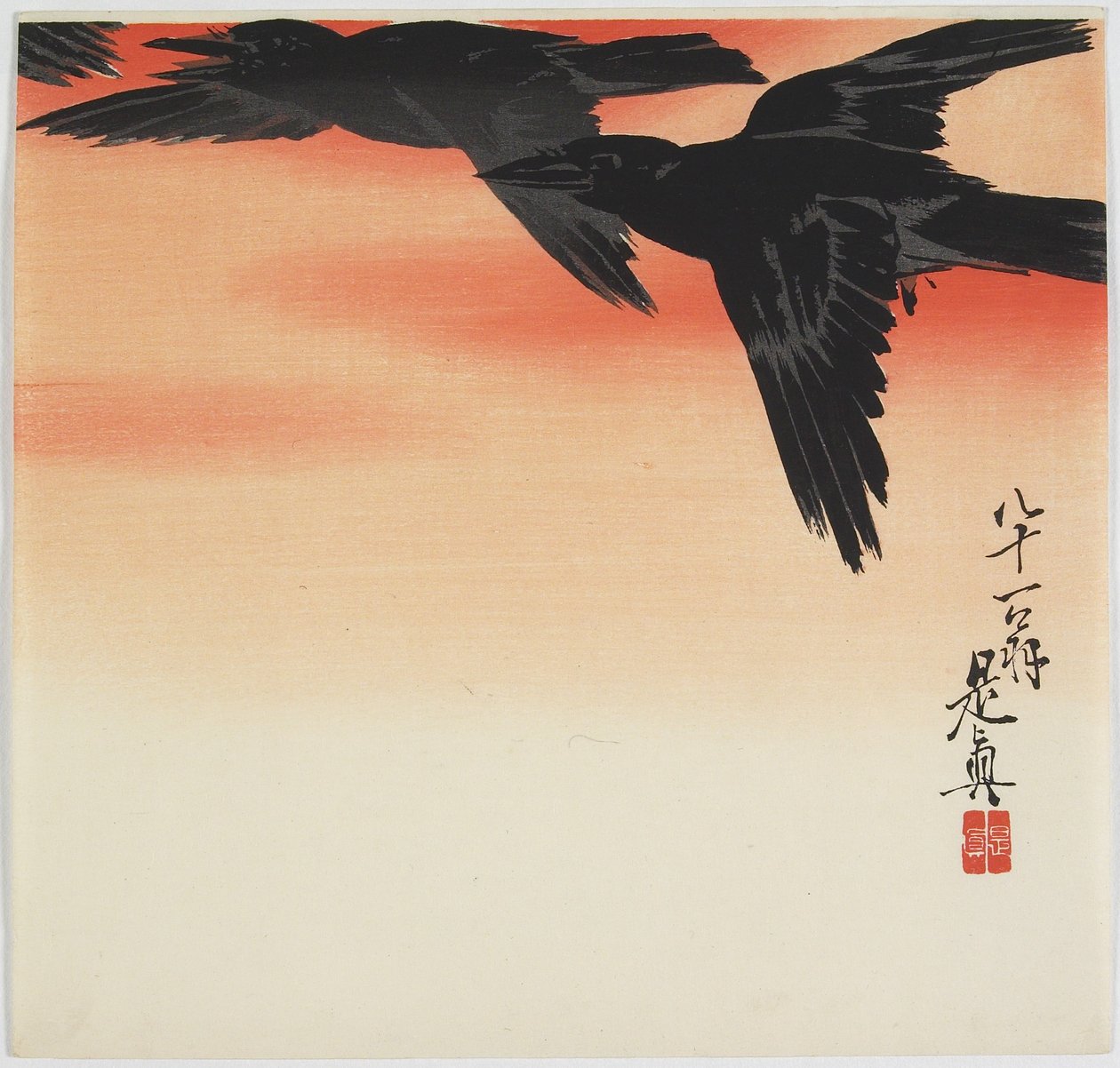 Kråkor som flyger vid solnedgången, ca. 1888 av Shibata Zeshin