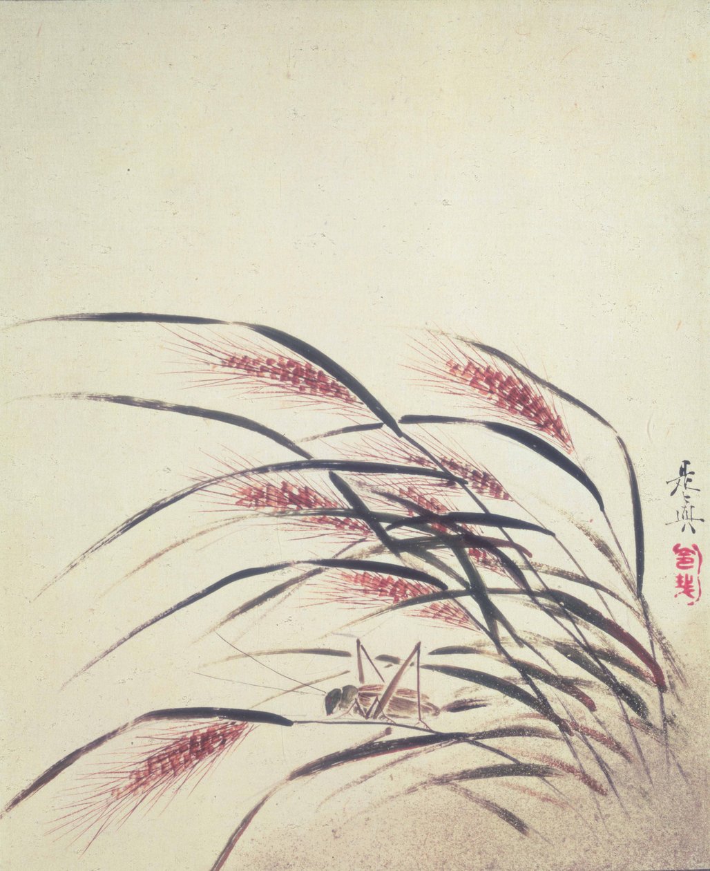 Öron av ris och cricket (lack på papper) av Shibata Zeshin