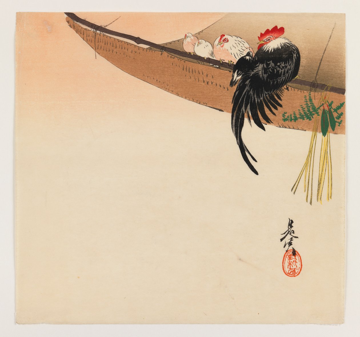 Höns och hane med hängmatta från serien Hana Kurabe, c.1880 (träblocksfärgtryck) av Shibata Zeshin