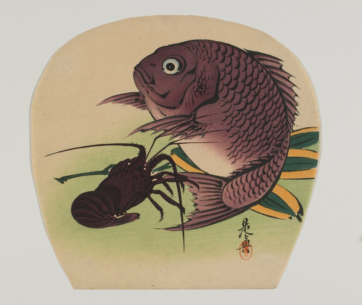 Skriv ut för en uchiwa; karp och hummer, Meiji-eran, sent 1800-tal; av Shibata Zeshin