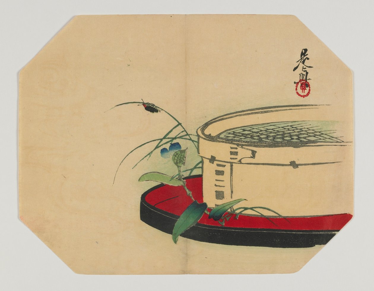 Tryck för en uchiwa; eldfluga på blommande växt, med bambussil, Meiji-eran, slutet av 1800-talet (träsnitt i färg) av Shibata Zeshin
