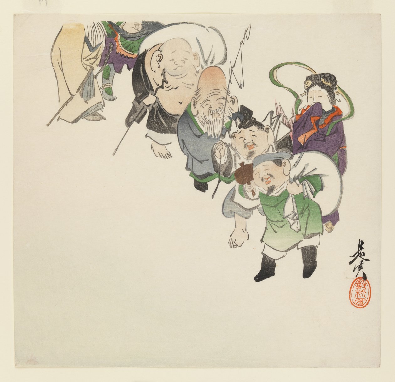 Syv lykkeguder, ca. 1885 (træblok farvetryk) swed av Shibata Zeshin