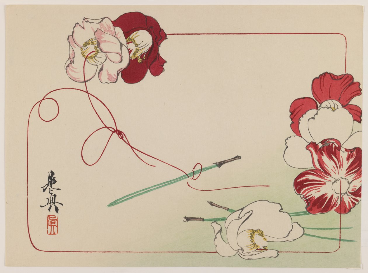 Stringing Poppies, från serien Comparison of Flowers, c.1875-90 (träblockstryck i färg på papper) av Shibata Zeshin