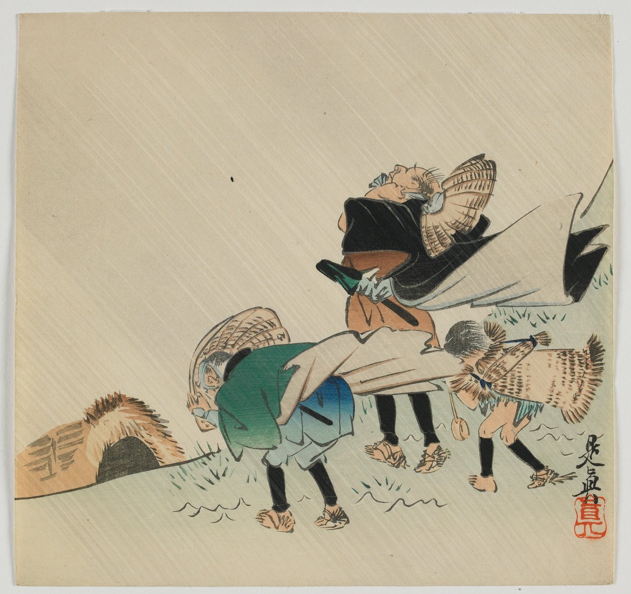 Tre resenärer fångade i vinden, Meiji-eran, sent 1800-tal (träblock i färg) av Shibata Zeshin