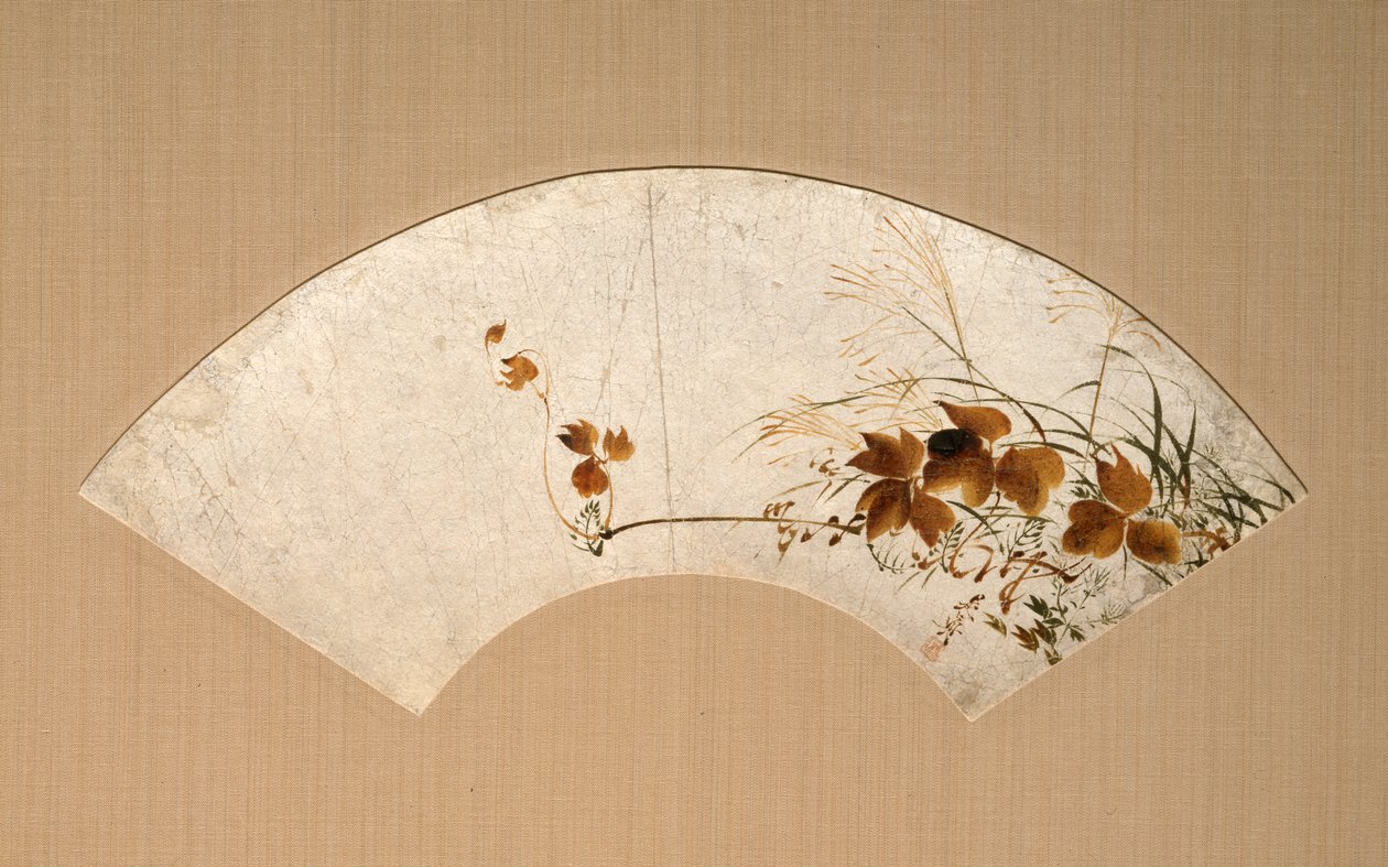 Höstlöv och gräs (bild av höstgräs, lackmålning på solfjädersblad) av Shibata Zeshin