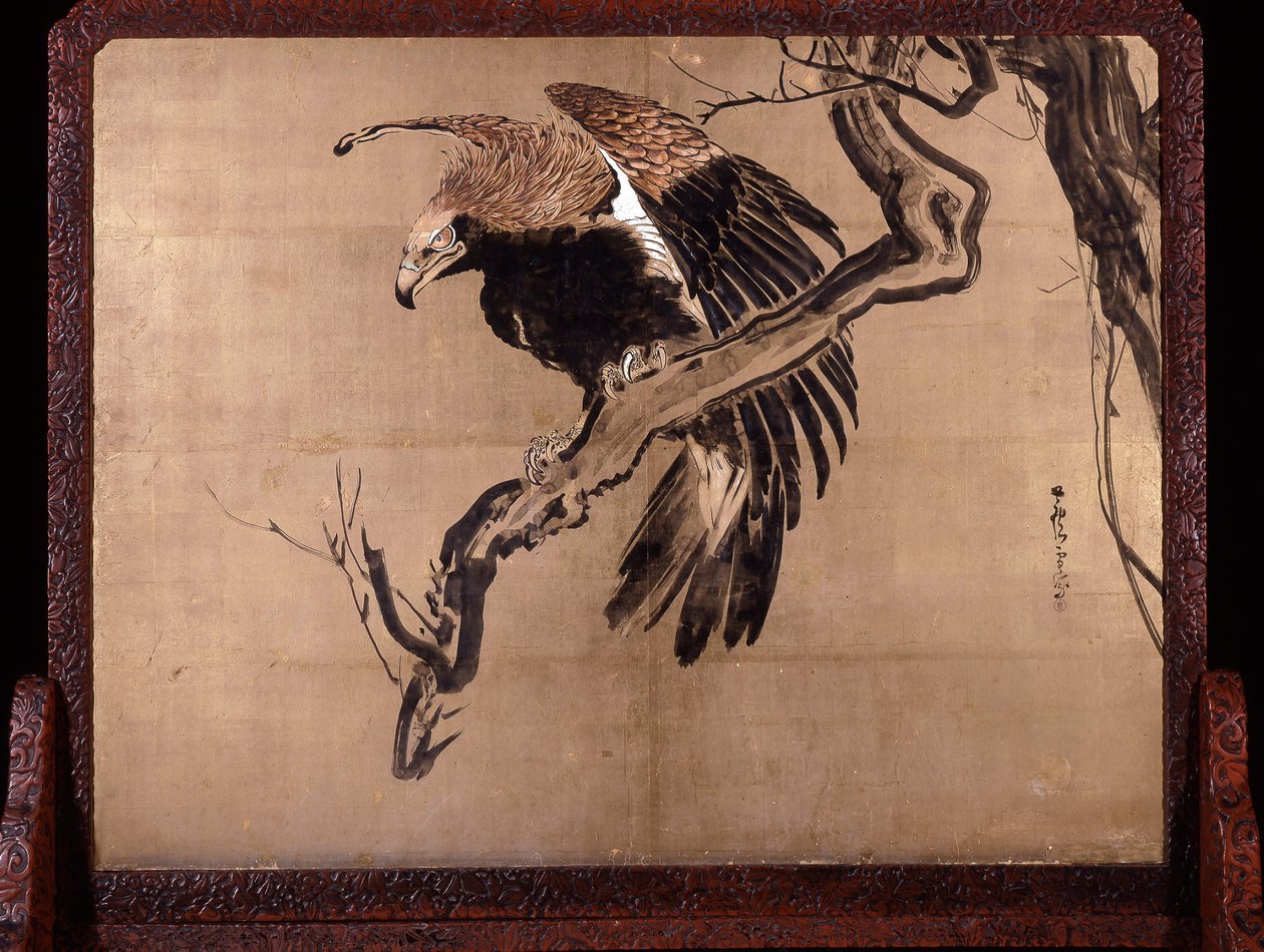 Karpe i vågor (Zeshin) och Örn på en gren (Rosetsu, baksida) av Shibata Zeshin