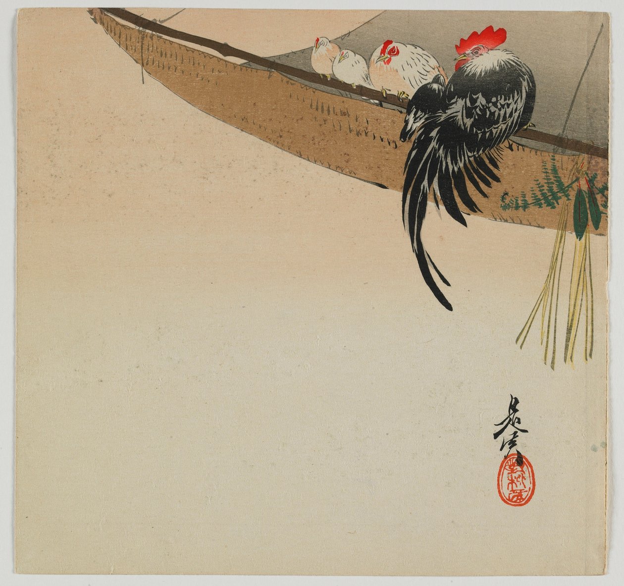 Kycklingar som vilar på ett segel, Meiji-eran, sent 1800-tal (träblock i färg) av Shibata Zeshin