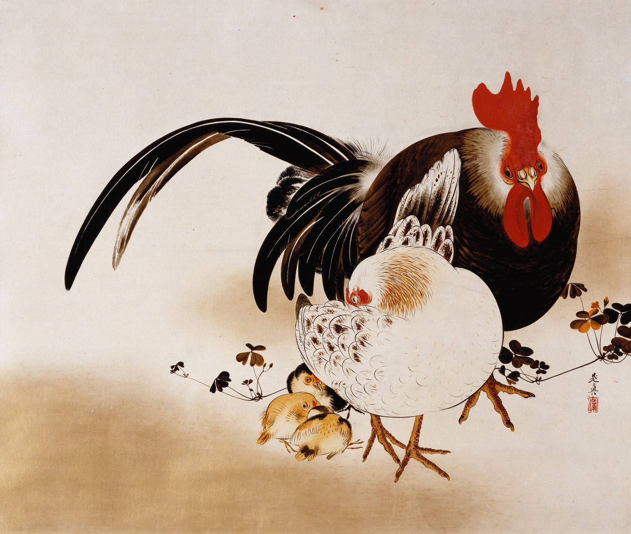 Tupp, höna och kycklingar, 1892 av Shibata Zeshin
