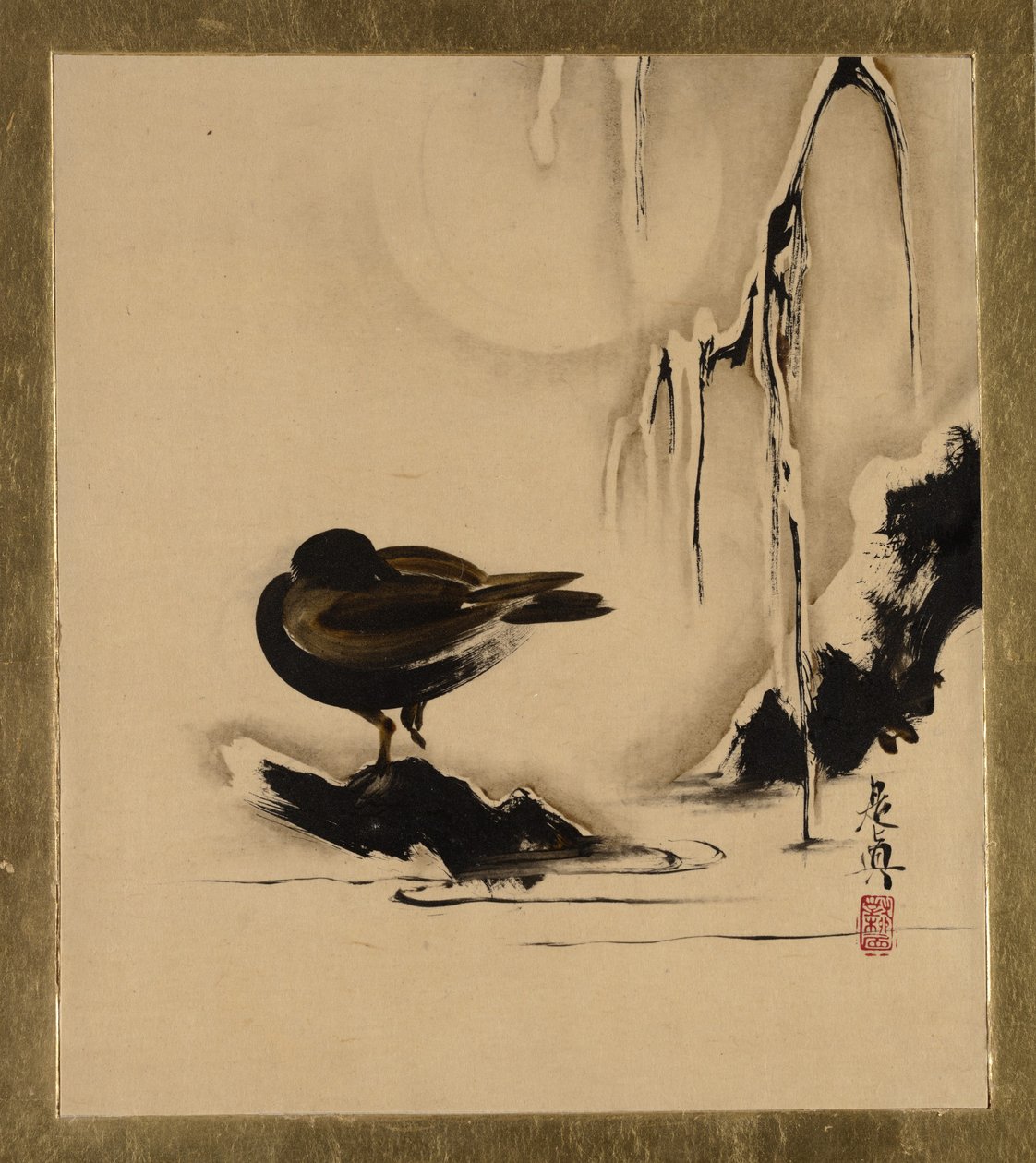 Lackmålningar av olika ämnen: Fågel och pil i snö, 1882. av Shibata Zeshin