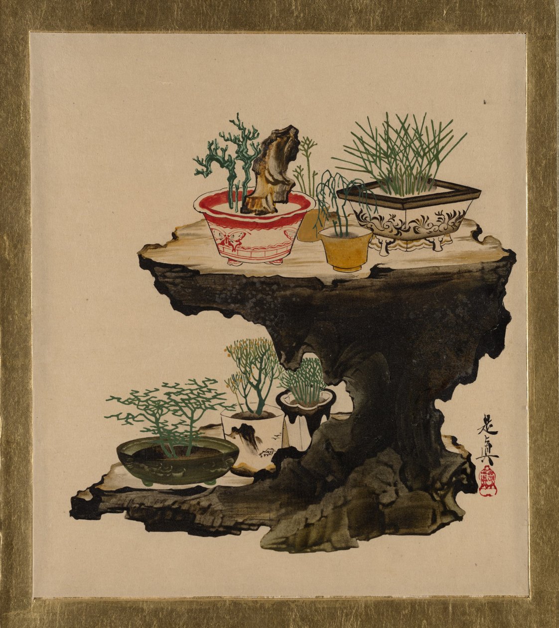 Lackmålningar med olika motiv: bonsai av Shibata Zeshin