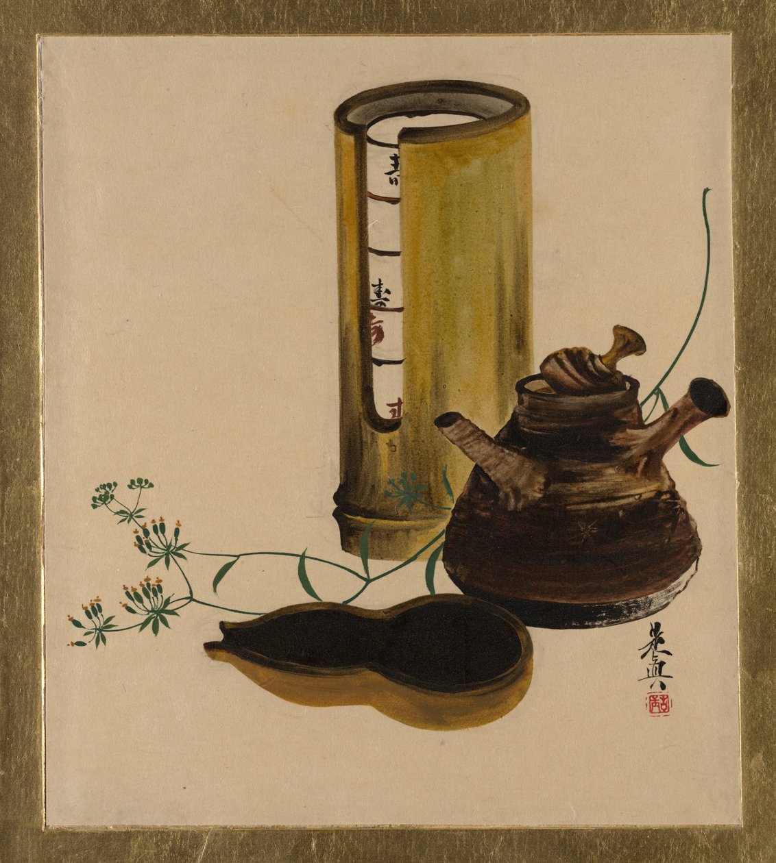 Lackmålningar av olika ämnen: Sencha teservis, 1882. av Shibata Zeshin