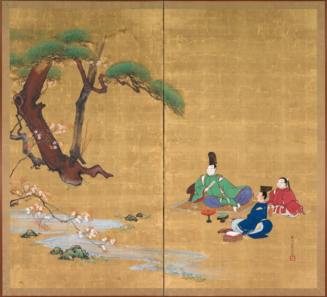 Narihira Viewing the Cherry Blossoms, tvåpanels vikskärm, sent 1800-tal (bläck, färg, lack och guld på siden) av Shibata Zeshin