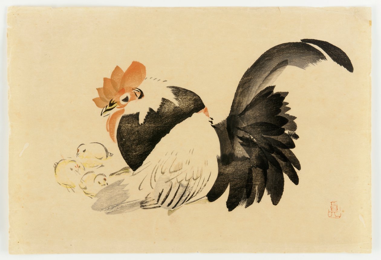 Tupp, höna och kycklingar, Meiji-eran, 1870-79 (trätryck i färg) av Shibata Zeshin