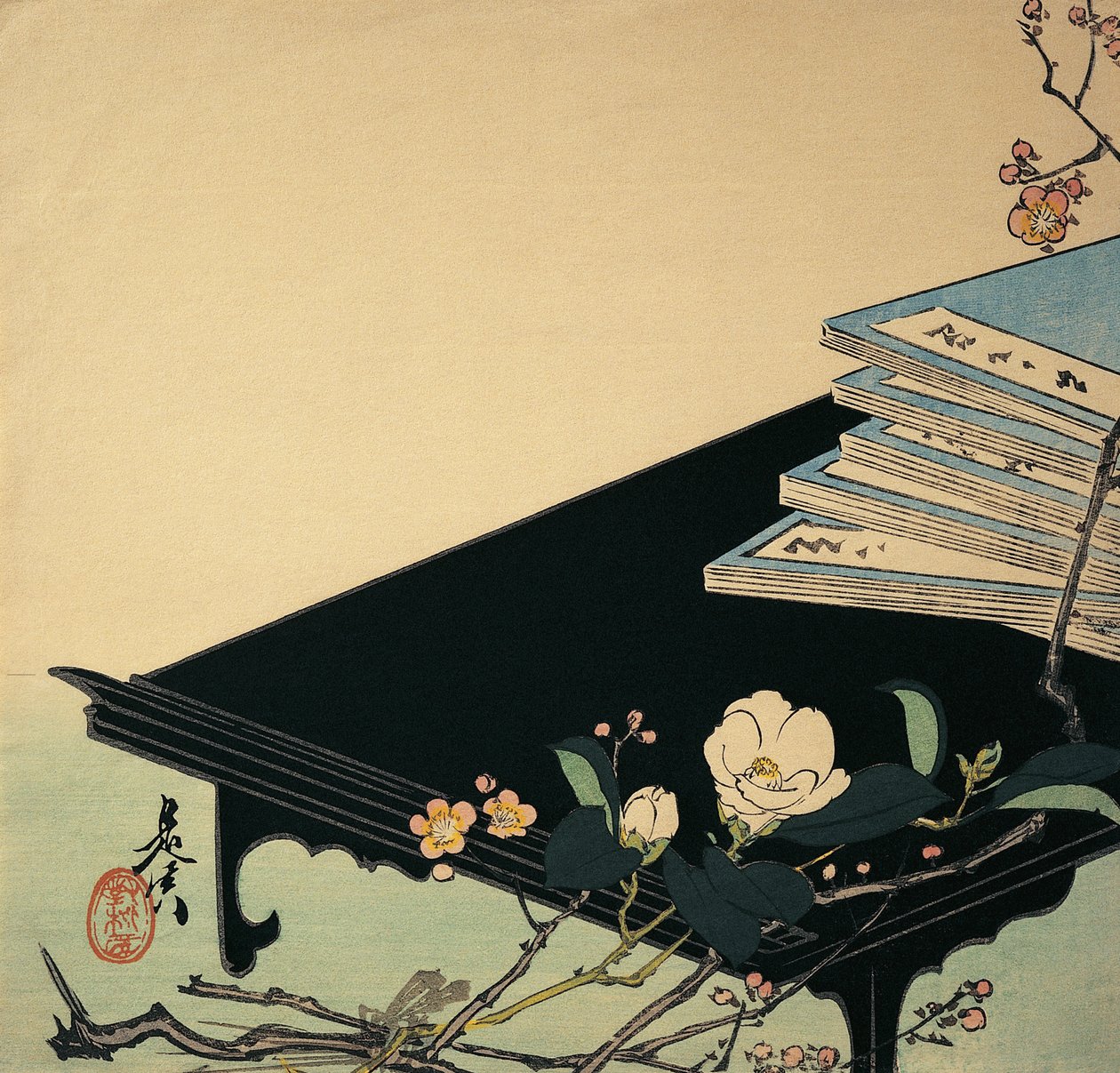 Stack av böcker och plommonblommor på ett bord av Shibata Zeshin