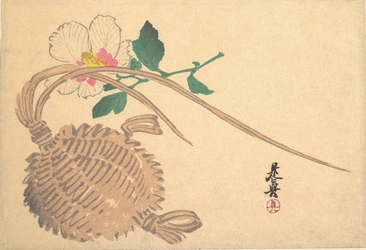 Straw Basket for Fish and Mokuge Flower, ca. 1875., ca. 1875. av Shibata Zeshin
