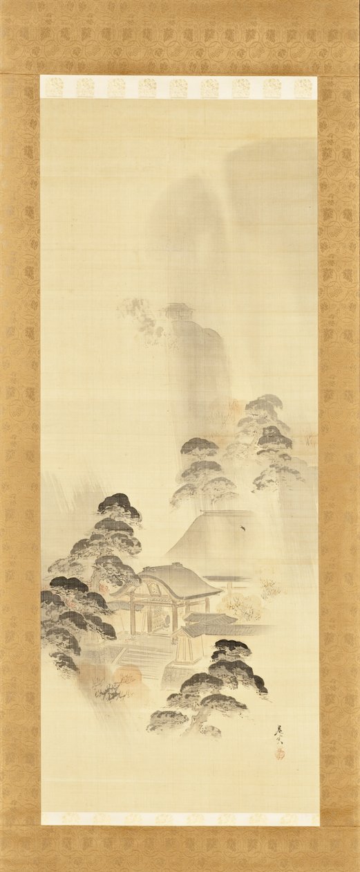 Tempel i höstregn av Shibata Zeshin