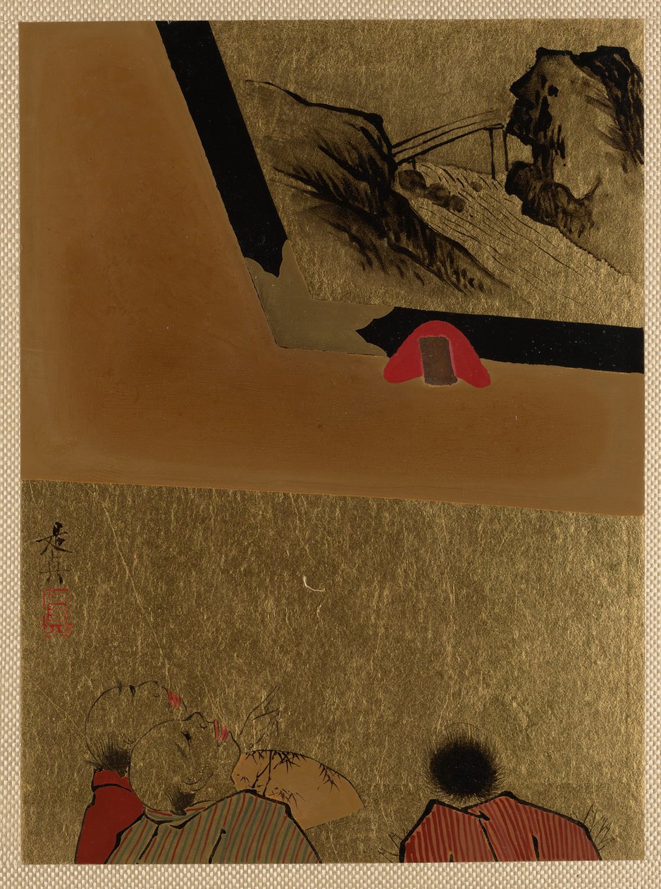 Tre män tittar på inramad lackteckning. av Shibata Zeshin