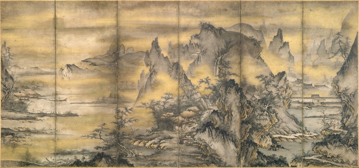 Japanska: 『式部輝忠筆 四季山水図屏風 室町時代 』 Landskap av de fyra årstiderna, en av ett par av Shikibu Terutada