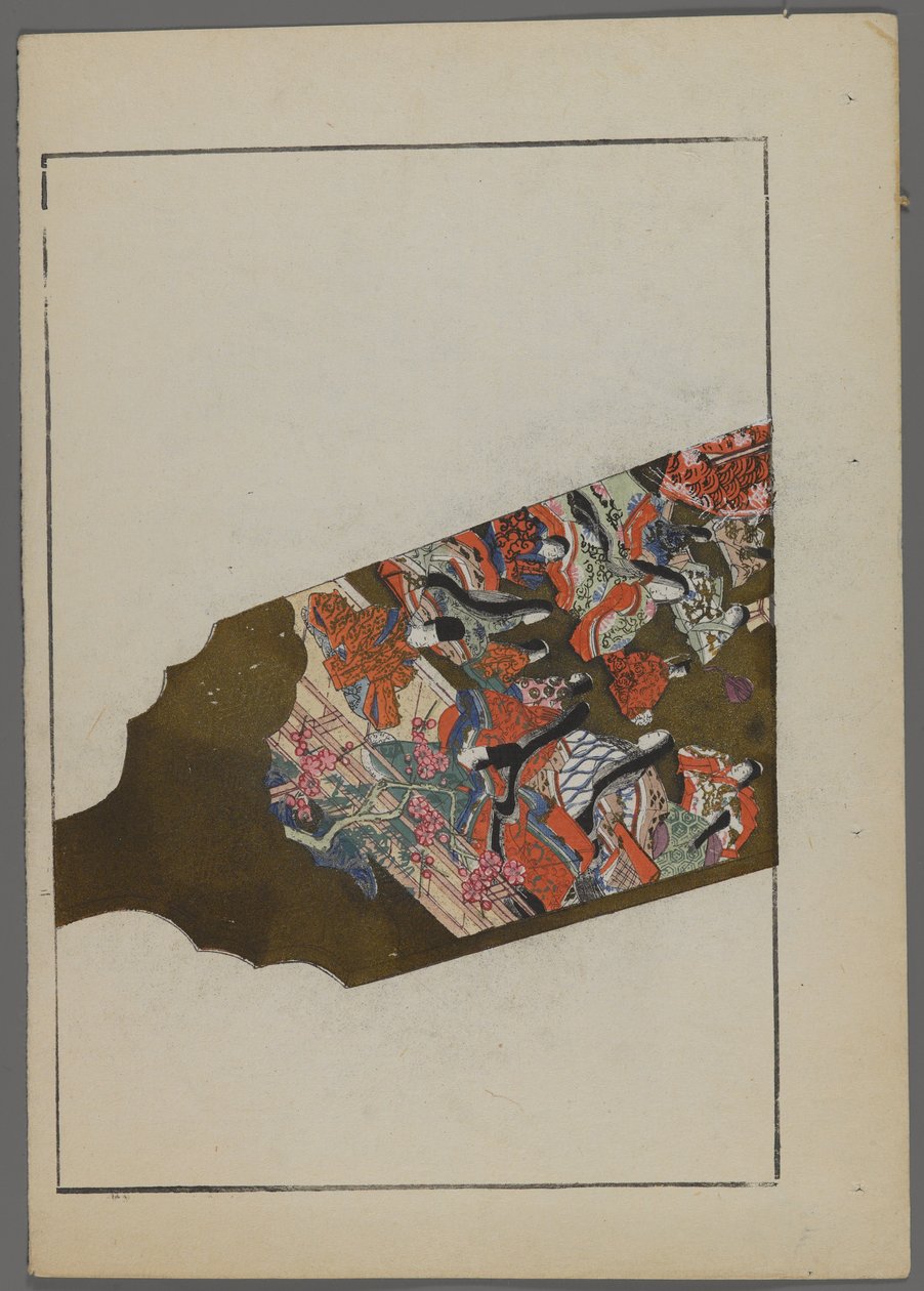 Japanska leksaker, från Unai no tomo (A Childs Friends) av Shimizu Seifu, 1891-1923. Hanetsuki paddla med trädgårdsscen. av Shimizu Seifu