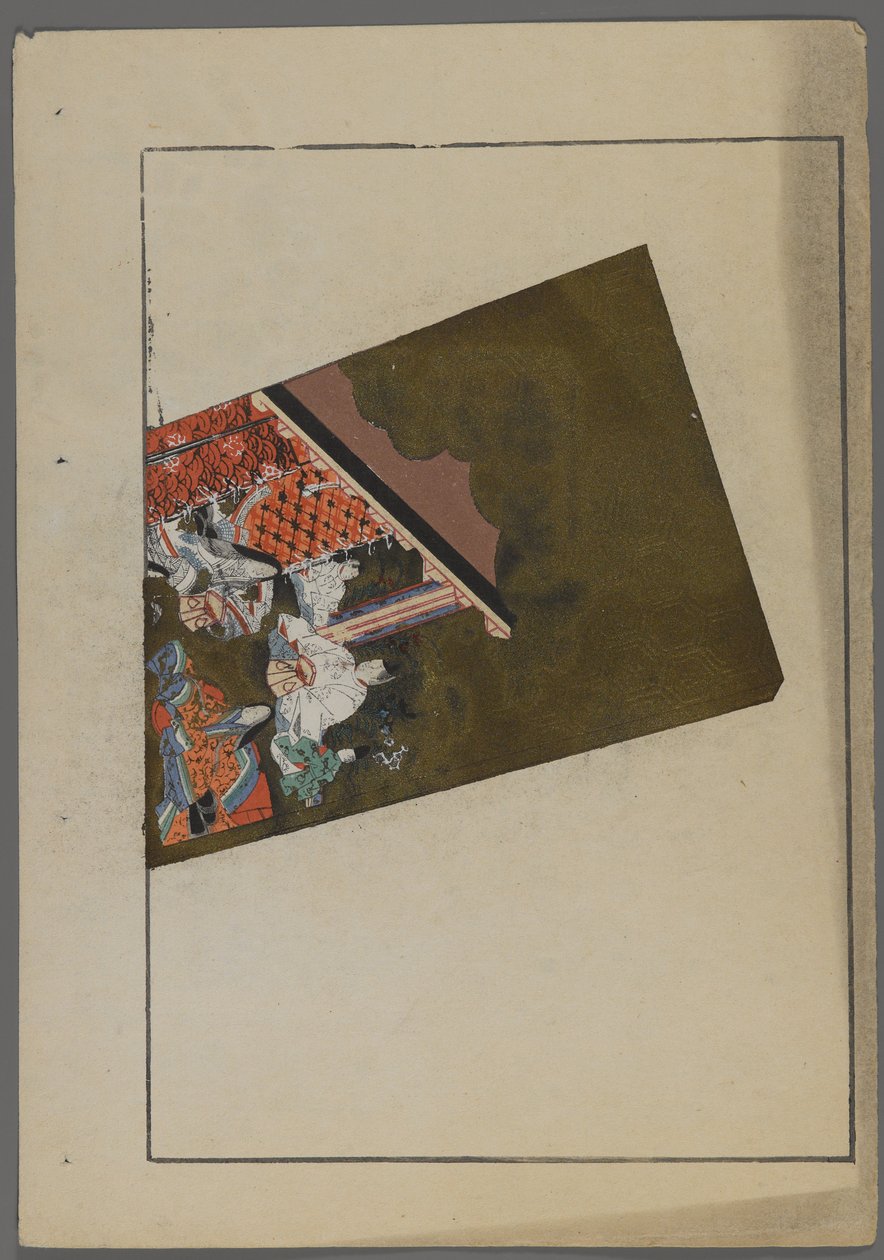 Japanska leksaker, från Unai no tomo (A Childs Friends) av Shimizu Seifu, 1891-1923. Hanetsuki paddla med trädgårdsscen. av Shimizu Seifu