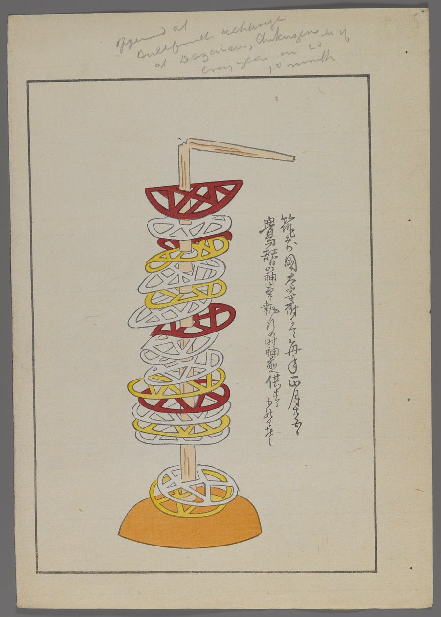 Japanska leksaker, från Unai no tomo (A Childs Friends) av Shimizu Seifu, 1891-1923. Genomborrade geometriska skivor på pinne. av Shimizu Seifu