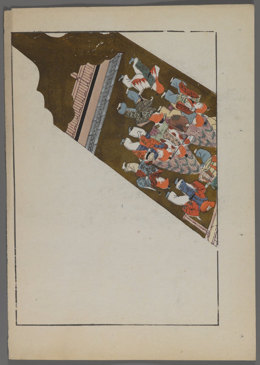 Japanska leksaker, från Unai no tomo (A Childs Friends) av Shimizu Seifu, 1891-1923. Hanetsuki paddla med teaterscen. av Shimizu Seifu