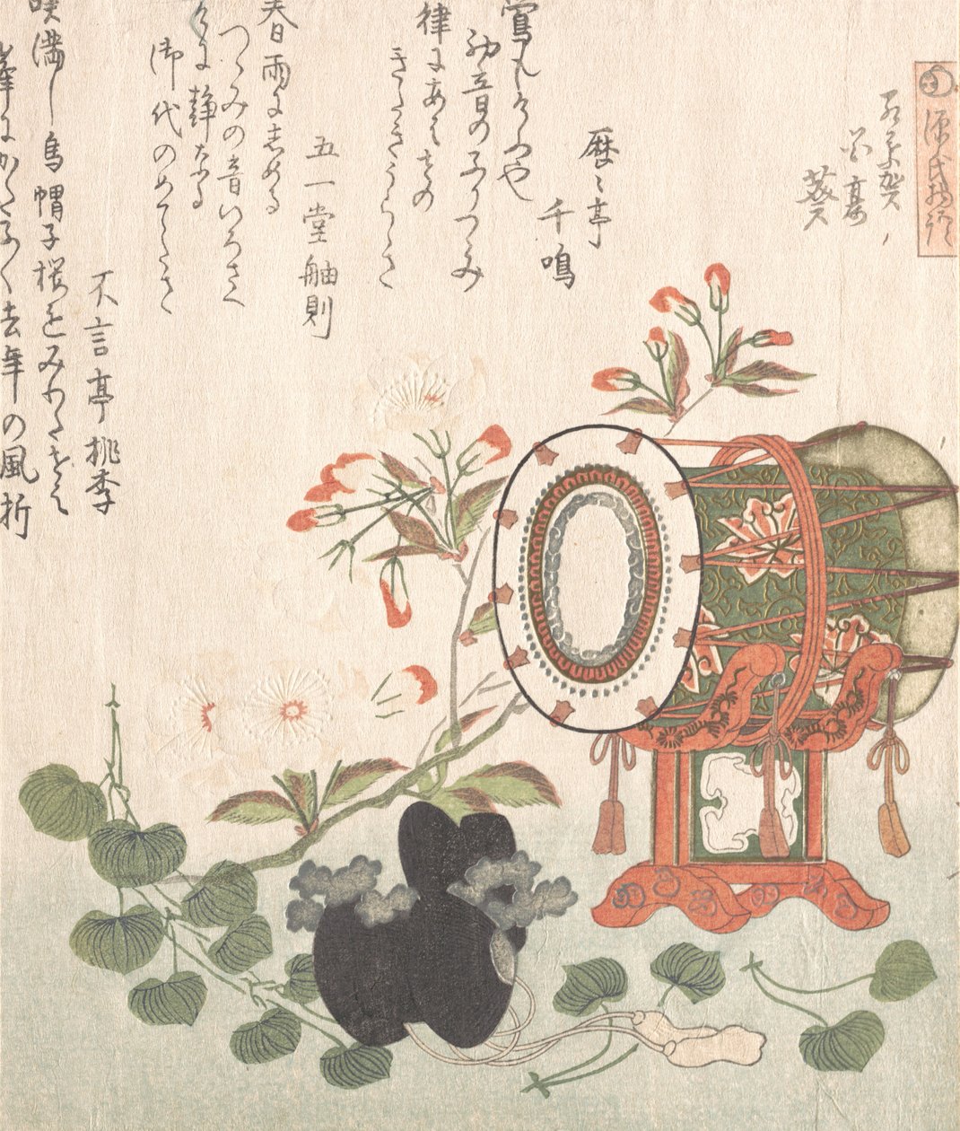 Aoi-växt, körsbärsblommor, trumma och Eboshi-hatt som representerar Aoi-kapitlet av ..., 1800-talet. av Shinsai