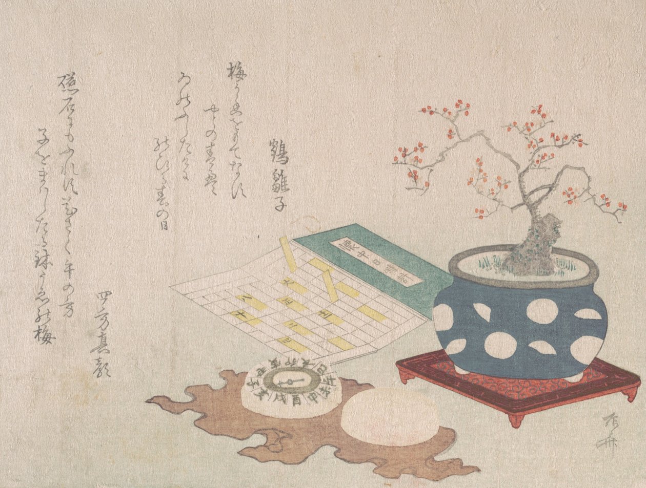 Bonsai plommon, kompass och ficksolur med design av kalender, från Spring Rain Surimon..., 1806. av Shinsai
