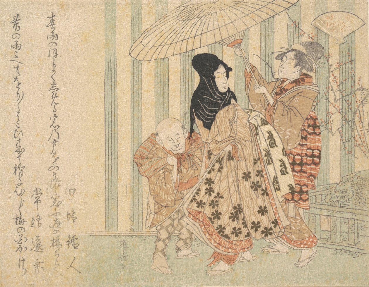 Kurtisan med skötare, pojke och hembiträde, i regnet under ett paraply, ca. 1800., ca. 1800. av Shinsai