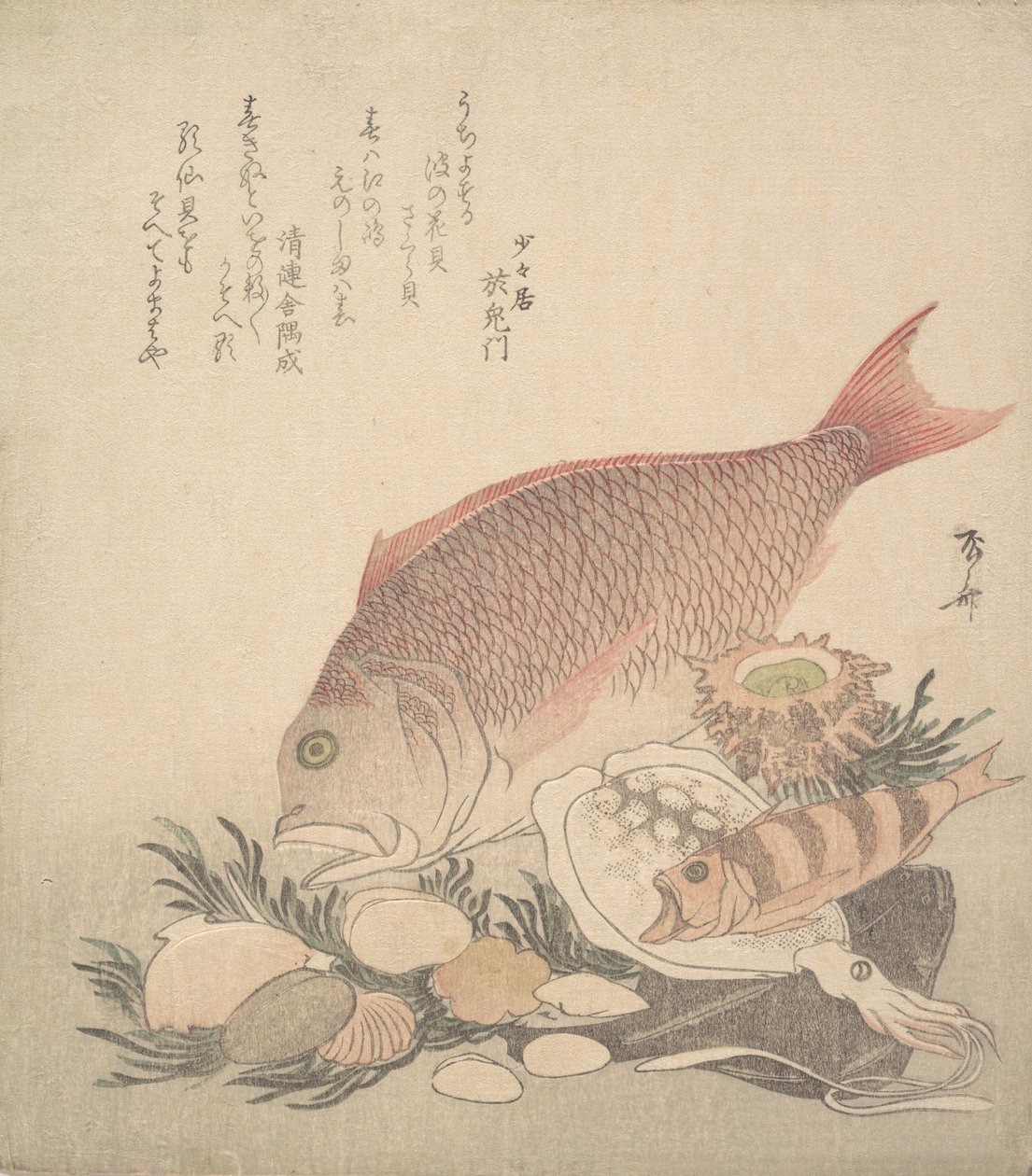 Stora och små fiskar som simmar bland snäckor och mossa vid havets botten, ca. 1830., ca. 1830. av Shinsai