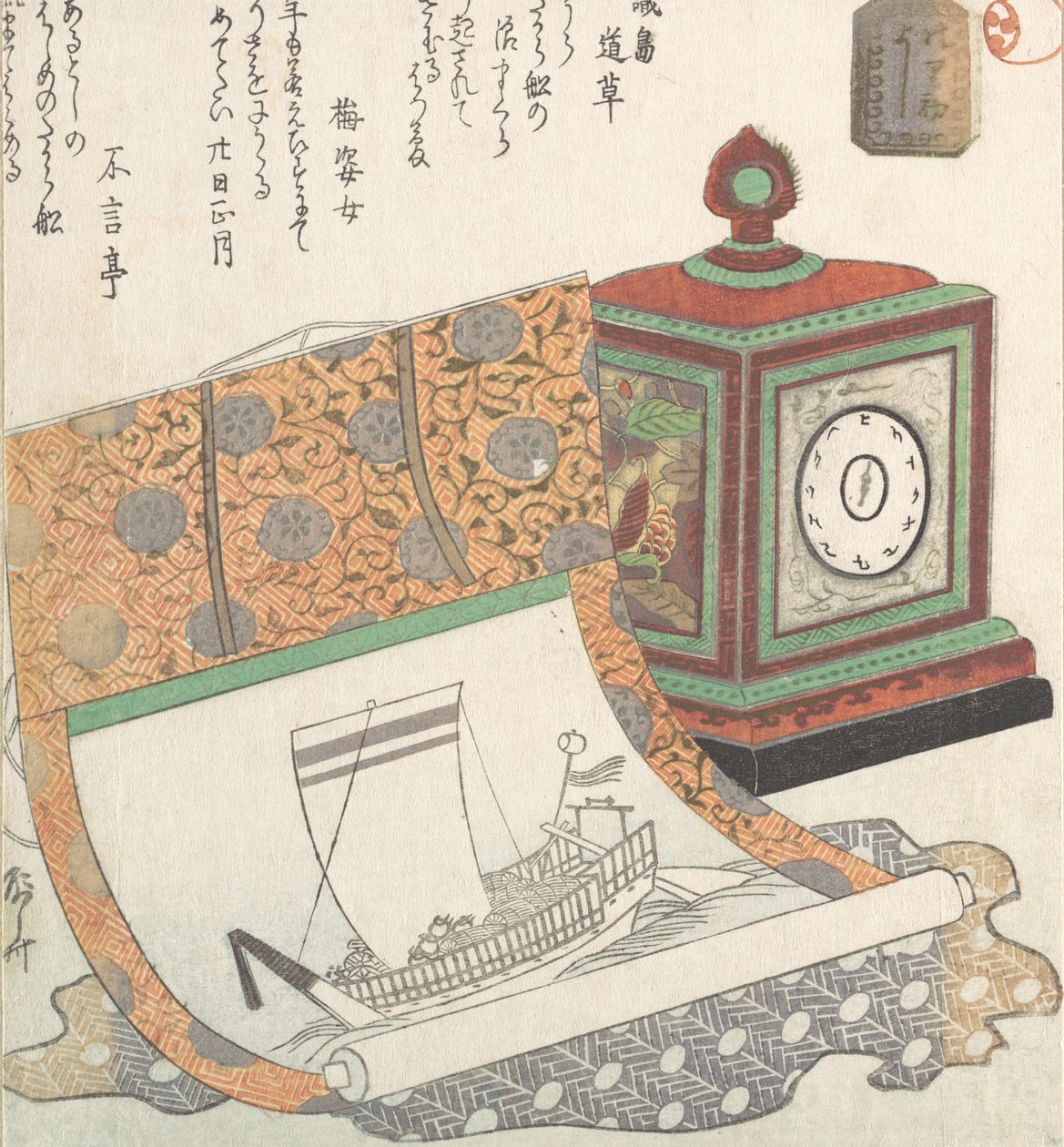 Bordsklocka och kakemono av en skattbåt, 1800-talet., 1800-talet. av Shinsai