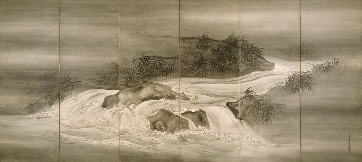 Flodlandskap med eldflugor, 1874 av Shiokawa Bunrin