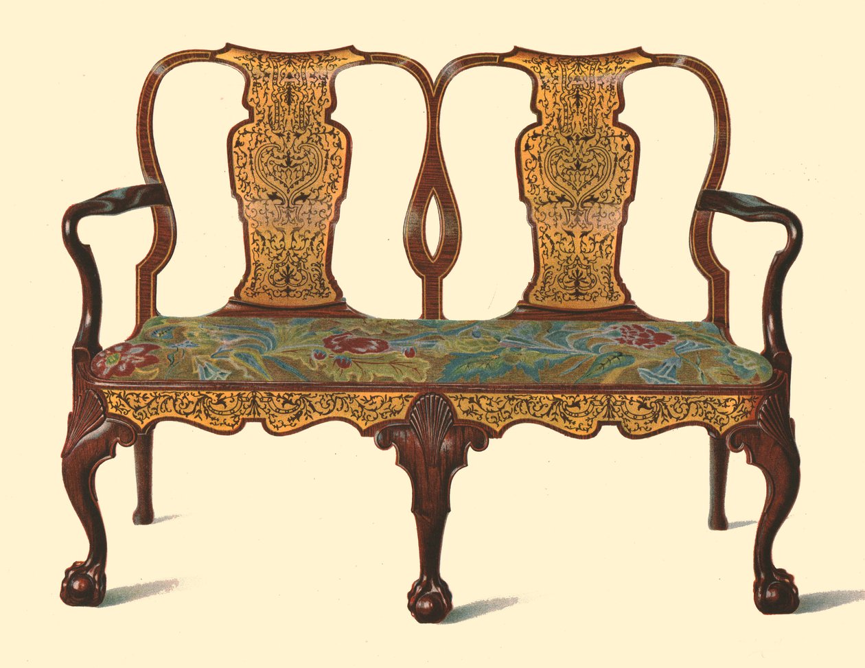 Soffa i valnöt inlagd med intarsia, 1905 av Shirley Charles Llewellyn Slocombe