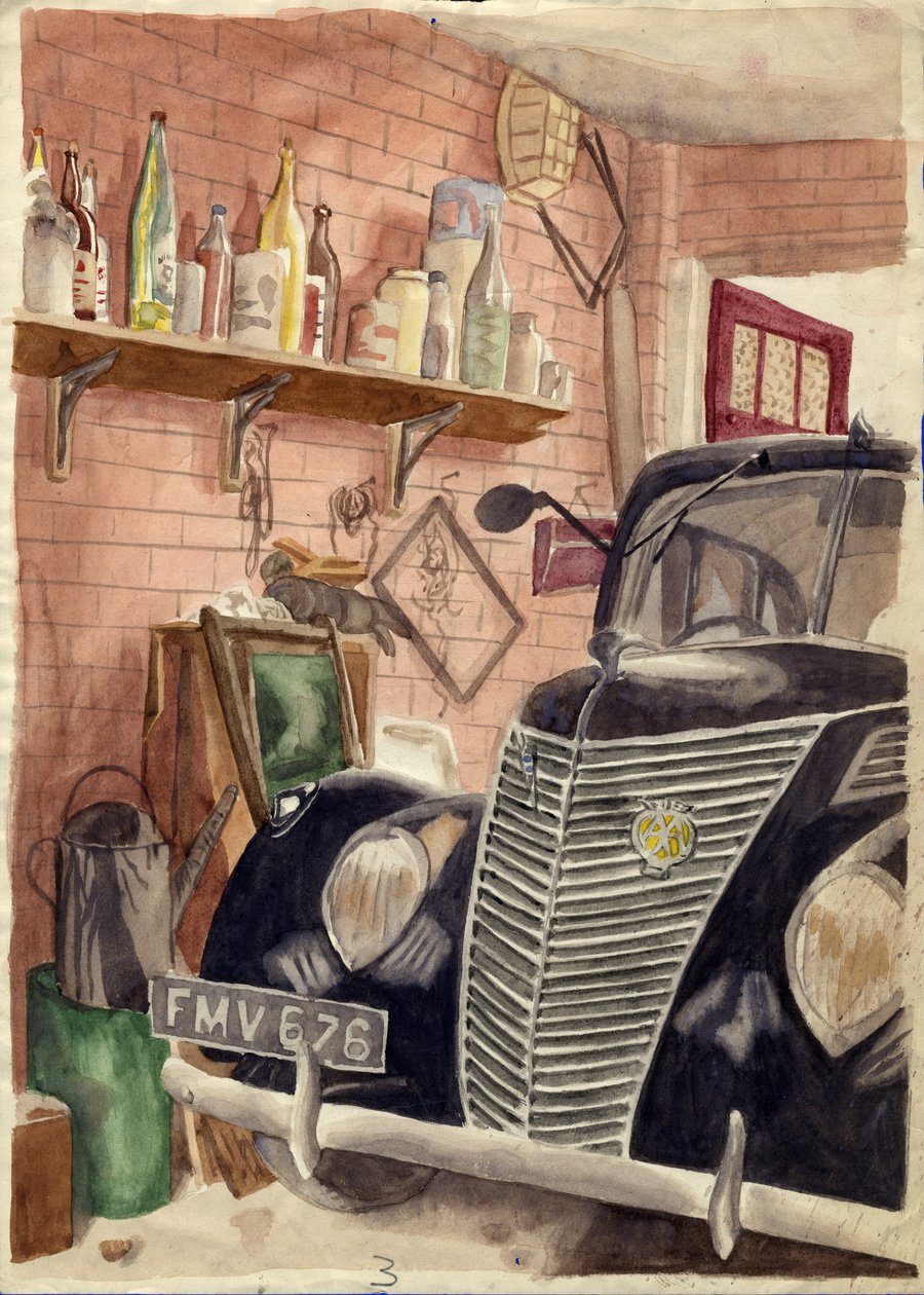 Bil i garage, c1950. av Shirley Markham