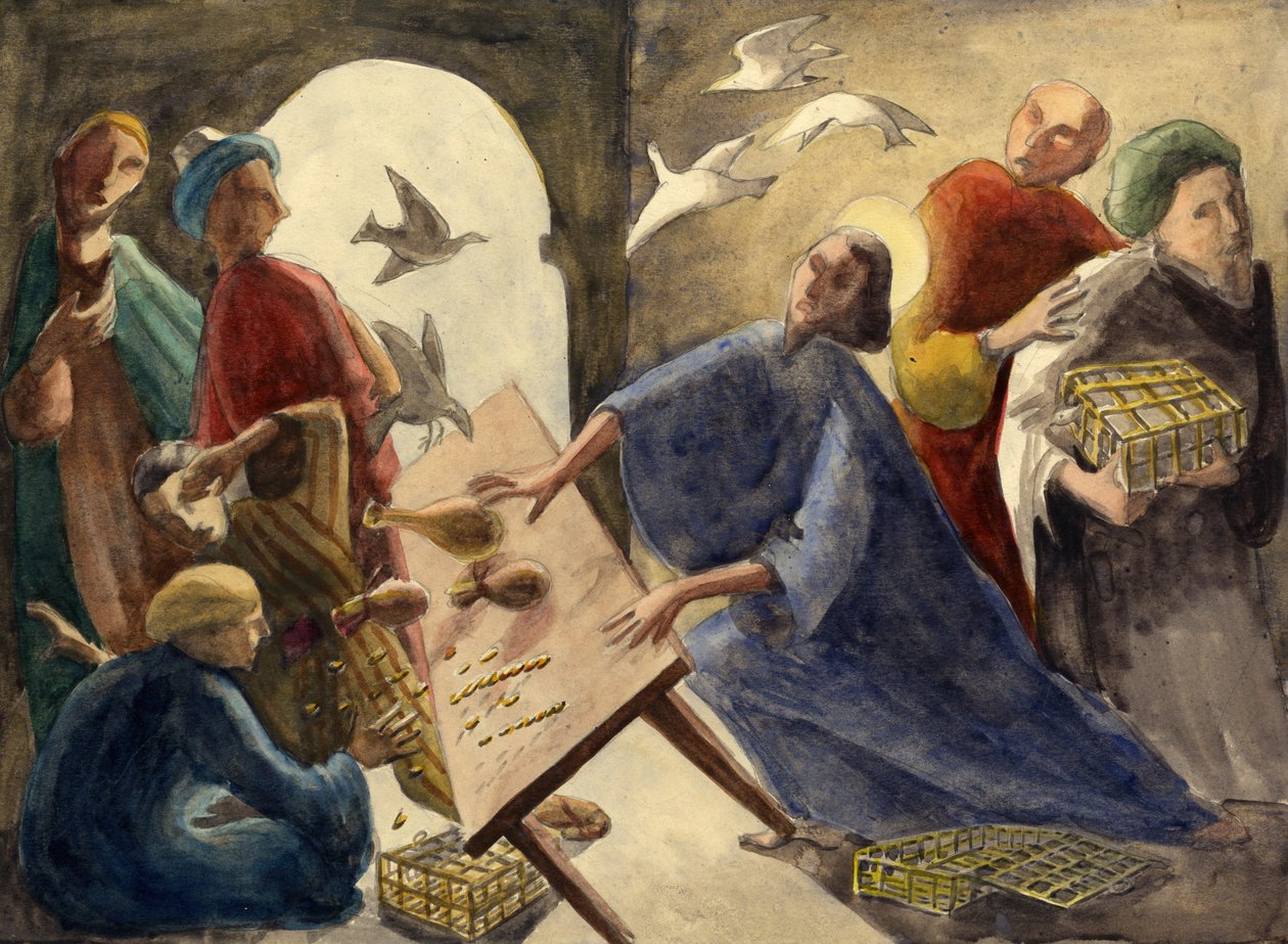 Kristus kastar ut köpmännen ur templet, c1950. av Shirley Markham