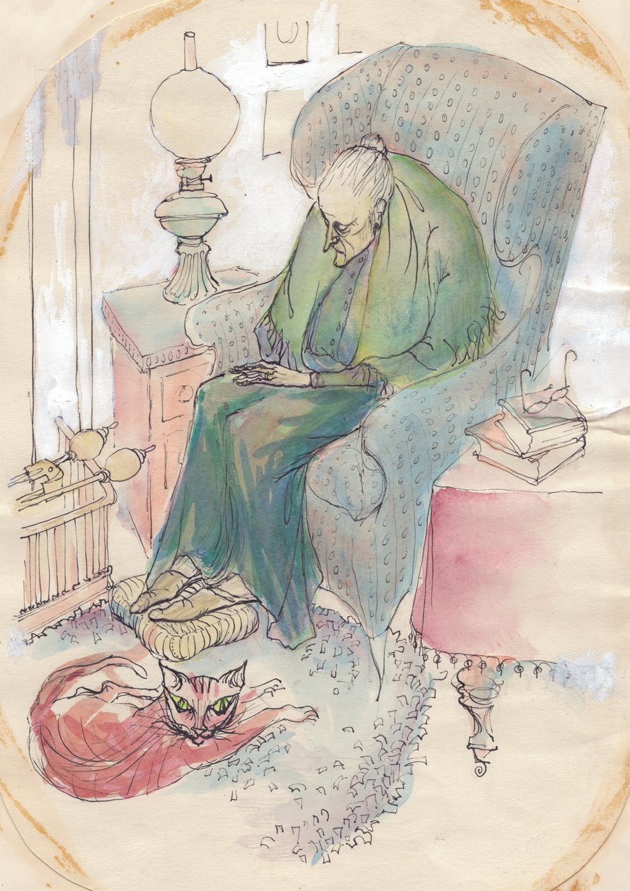 Gammal kvinna och katt, 1951. av Shirley Markham