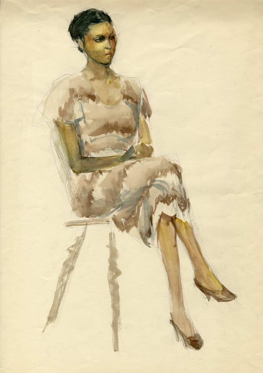 Sittande kvinna i brun klänning, c1952. av Shirley Markham